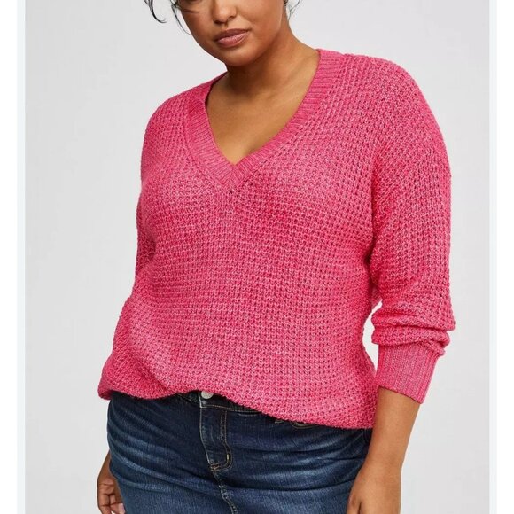 NWT Torrid Sweater Women 2X Pink V Neck Waffle Knit Pullover Drop Shoulder 043 - Picture 1 of 6